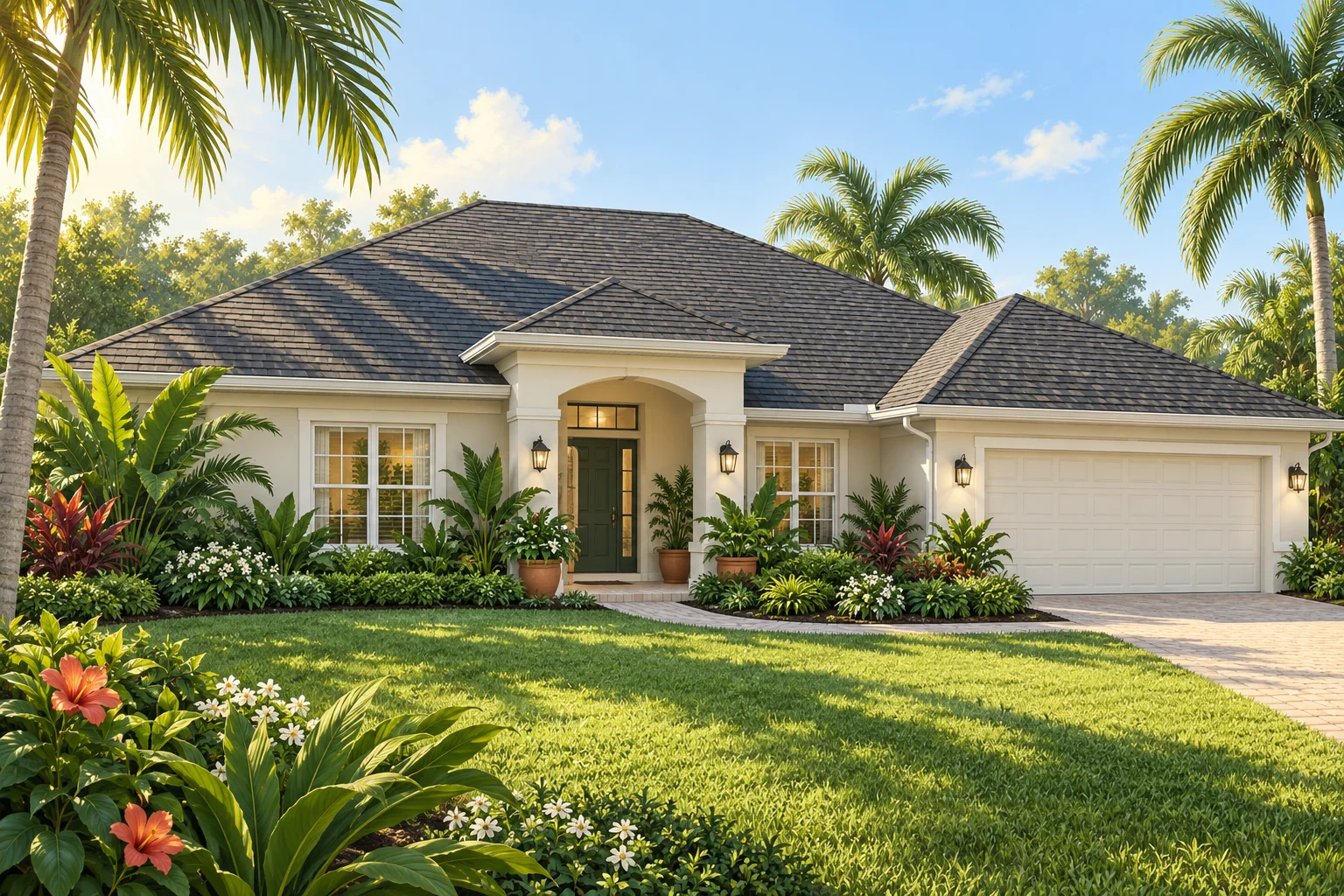 Illustration of a well-maintained Florida home with a clean charcoal shingle roof and tropical landscaping