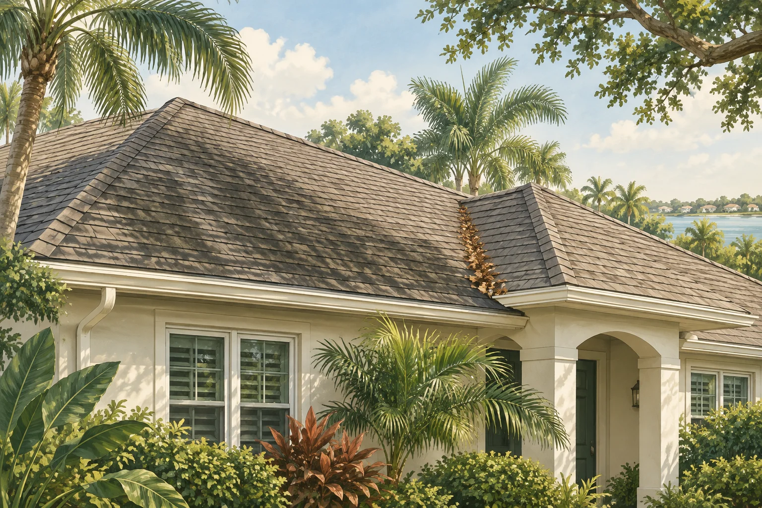 Illustration of a Florida shingle roof with dark surface streaks and leaves collecting in a valley